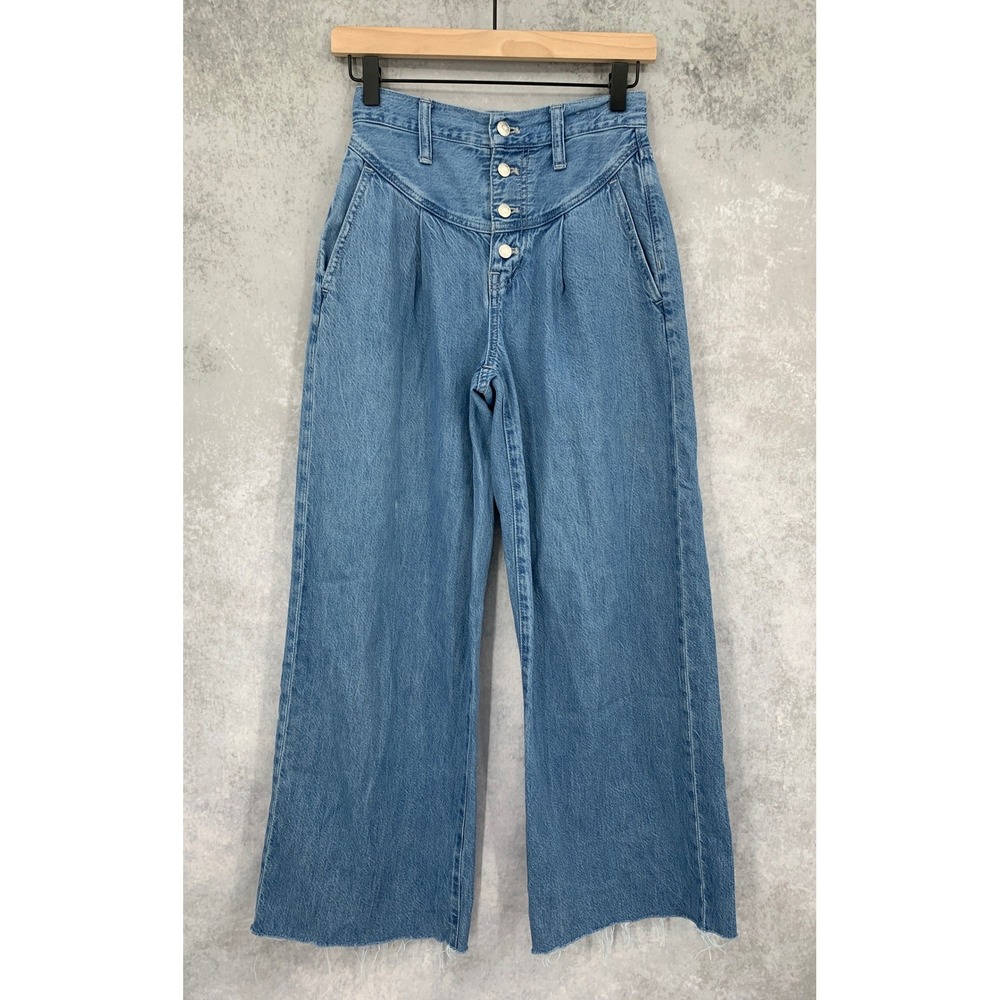 Madewell Wide Leg Jeans Womens 24 Blue Pleated Superwide-Leg Button Fly Raw Hem